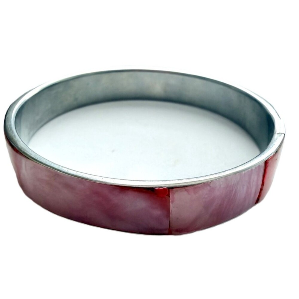 Silver Tone Pink Mother of Pearl Shell Inlay Section Bangle Bracelet Beach Boho